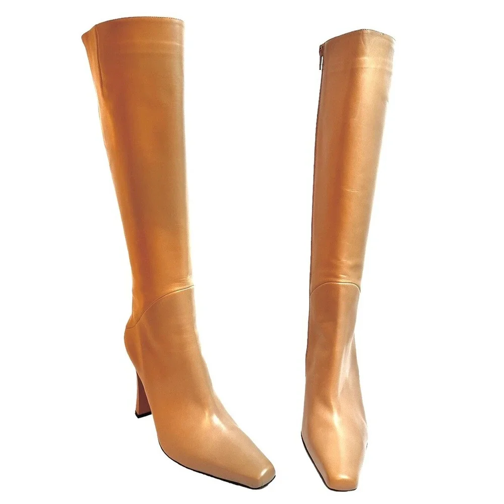 Via Spiga Leather Boots Tan Women's Knee High Ranch Cottagecore Sz 9.5 NEW Boho